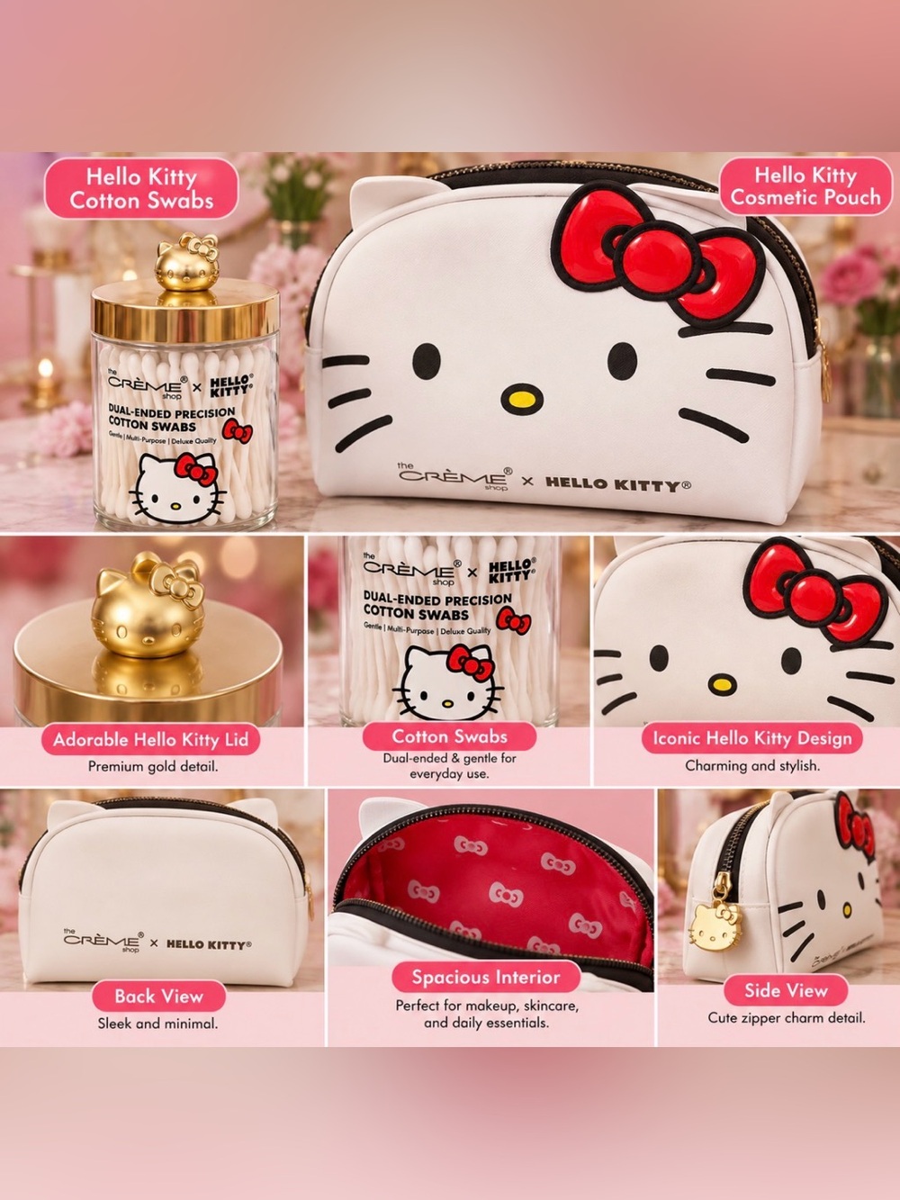 Hello Kitty White Cosmetic Pouch with Red Bow with Qtip case